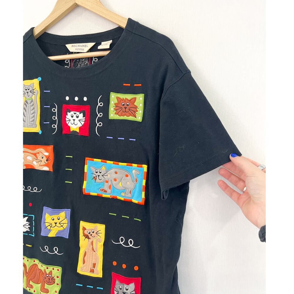 VTG Cat Patchwork Blouse Top Petite Large Women's Indie Art to Wear Casual Top - Picture 2 of 6